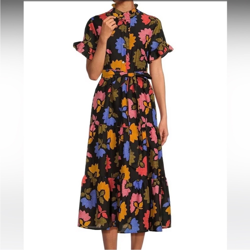 J.Marie Avery Floral Button Up Short Ruffled Sleeve Tie Waist Midi Dress